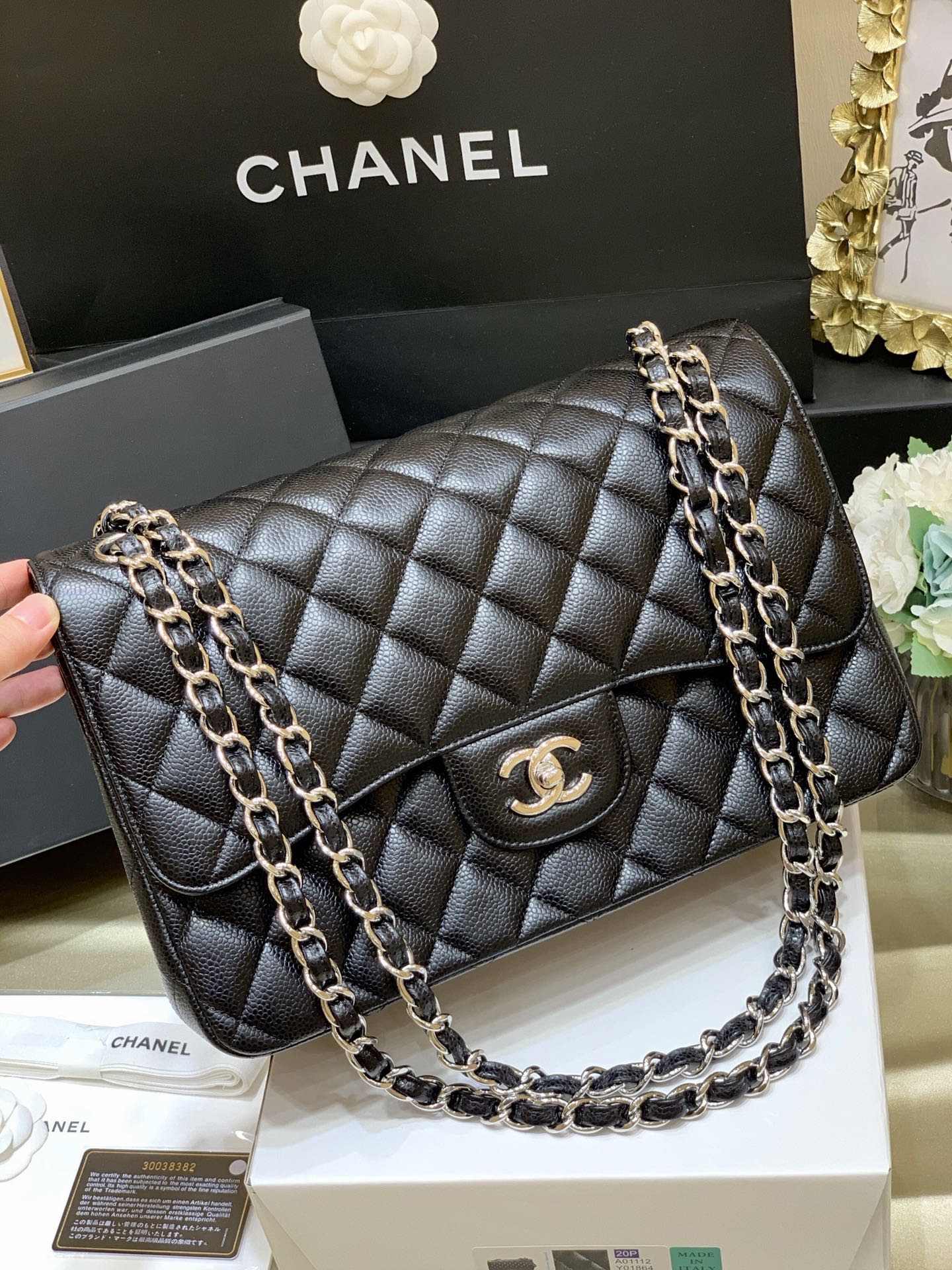 Chanel-Vip-Vintage-Jumbo-Double-Flap-Shoulder-Bag-Black-Quilted-Caviar-Leather